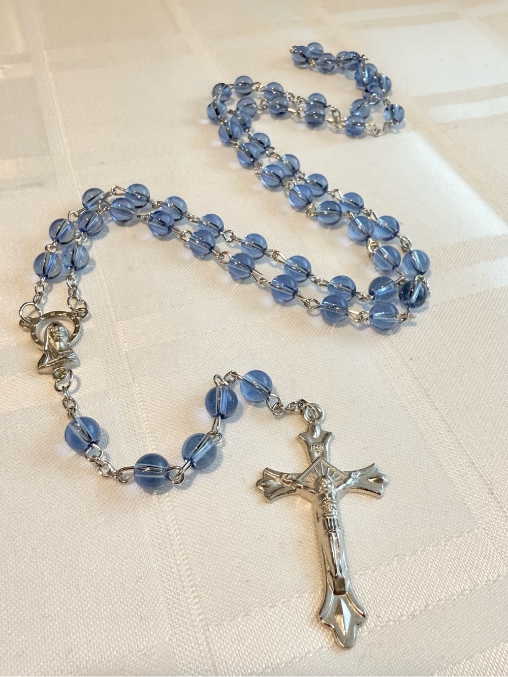 Sky Blue Round Pressed Prayer Rosary with Madonna Centerpiece